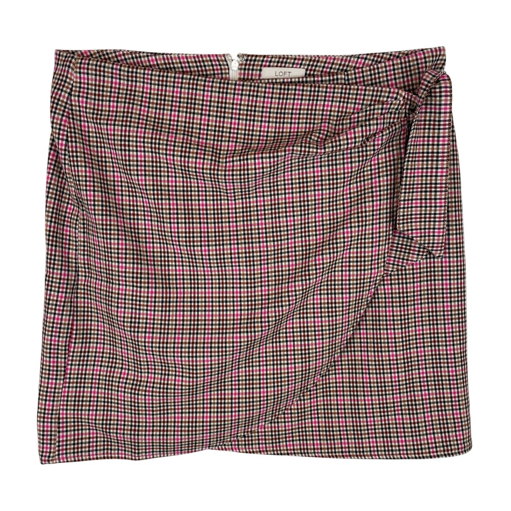 LOFT Women's Plaid Wrap Mini Skirt Pink Black Tan Zipper Closure Size 12